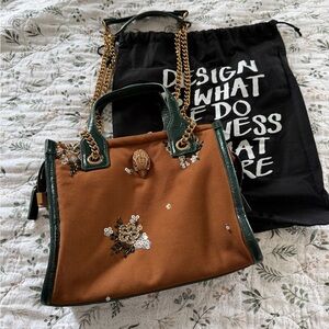 Kurt Geiger Embroidered Sequin Green Brown Tote Shoulder Crossbody Bag NWT
